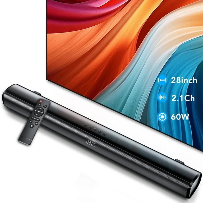 TV Soundbar, 60W TV Speakers, 2.1ch Home Theater System with Subwoofer Boost, 3 Equalizer Modes, Soundbar for TV/PC/Gaming/Projectors, Bluetooth, OPT, COX, USB and AUX, Wall Mountable