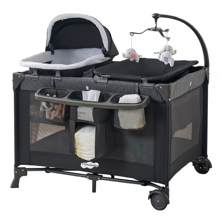 Pamo Babe 4-in-1 Baby Playpen with Bassinet and Changing Table for Newborns, Grey