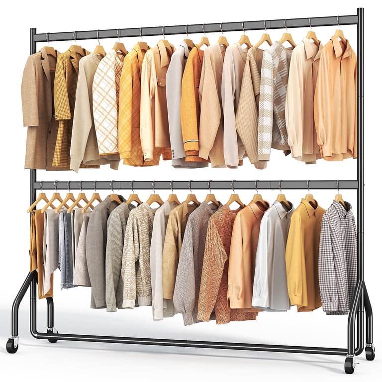 HOKEEPER Heavy Duty Clothes Rack, 352 Lb Commercial and Industrial Grade Garment Rack with 70.9" Extra Hanging Bar, 86.6" Tall Rolling Clothes Rack with Wheels, Black