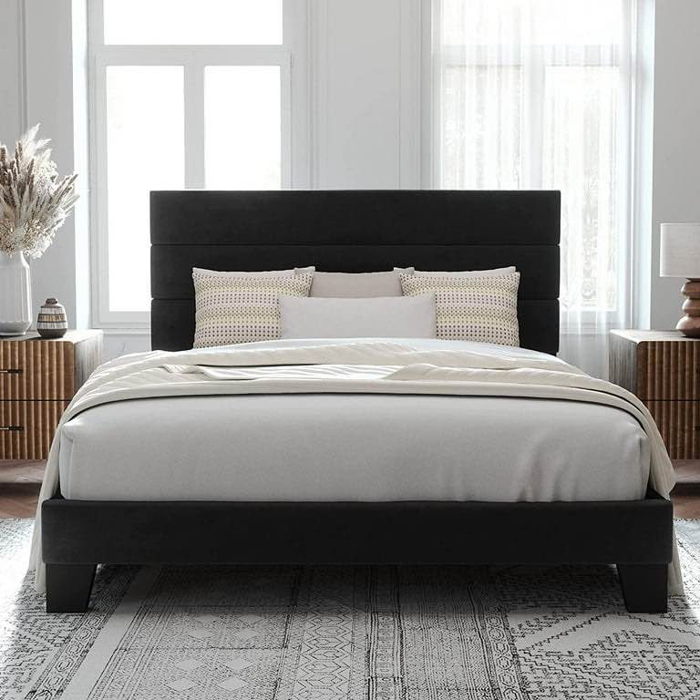Allewie Queen Size Platform Bed Frame with Velvet Headboard/Fully Upholstered Mattress Foundation, No Box Spring Needed, Black