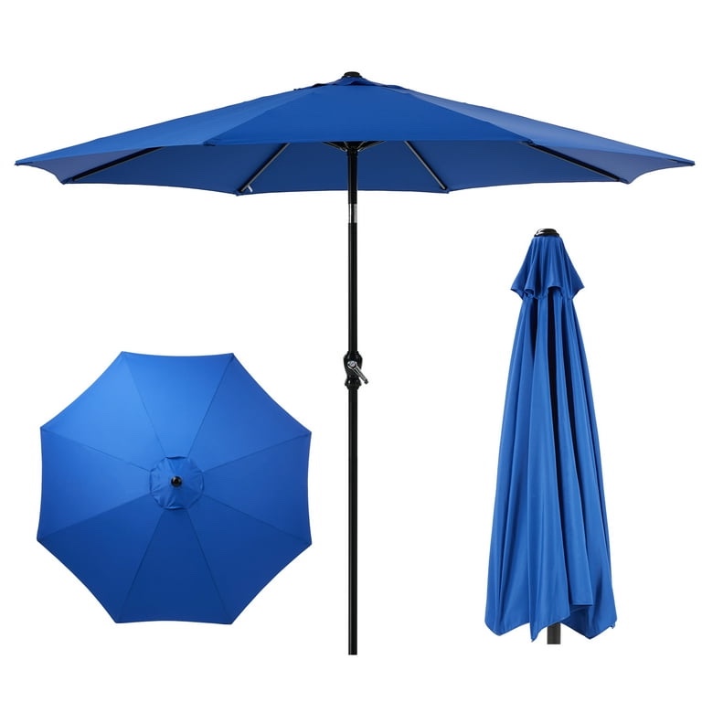 EDX 9FT Outdoor Patio Umbrella with Push Button Tilt and Crank Handle, Market Umbrella with 8 Sturdy Umbrella Ribs, UV Protection, Waterproof, Blue