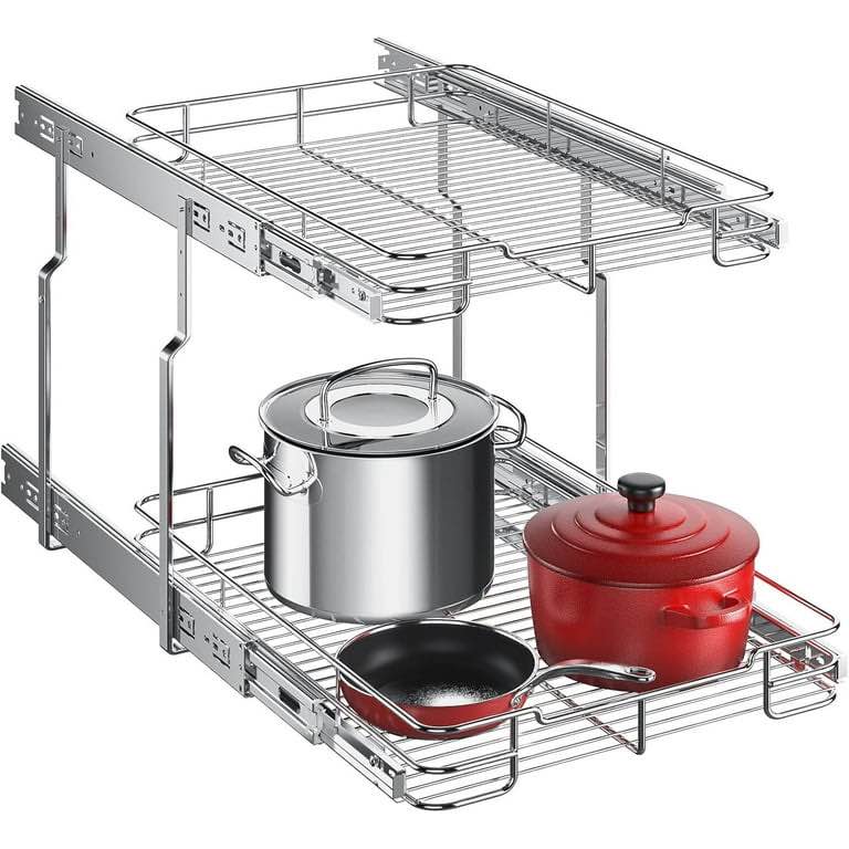 2 Tier Pull Out Cabinet Organizer, Heavy Duty Shelves for Kitchen Bathroom, Slide Out Chrome Steel Shelf Organizer
