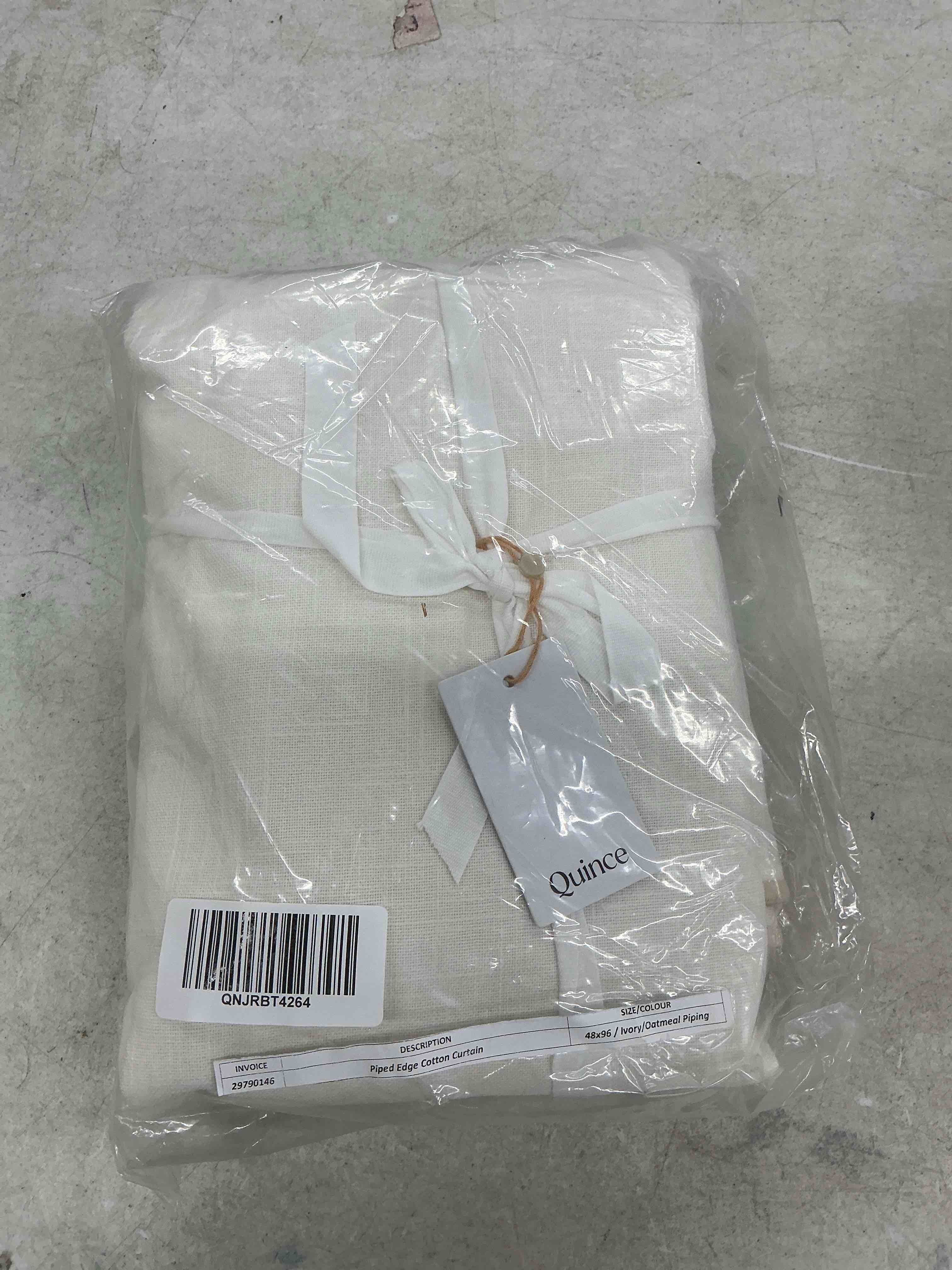 Condition photo showing New/Like New for quince piped edge cotton curtain - single panel, 48x96, ivory/oatmeal piping
