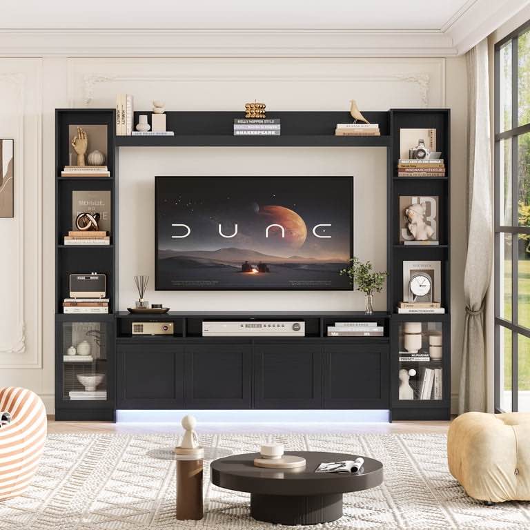 Hiphuta 79" W Wall Unit Entertainment Center with Bookcase for TVs up to 65", Farmhouse TV Stand with LED Lights for Living Room, Black