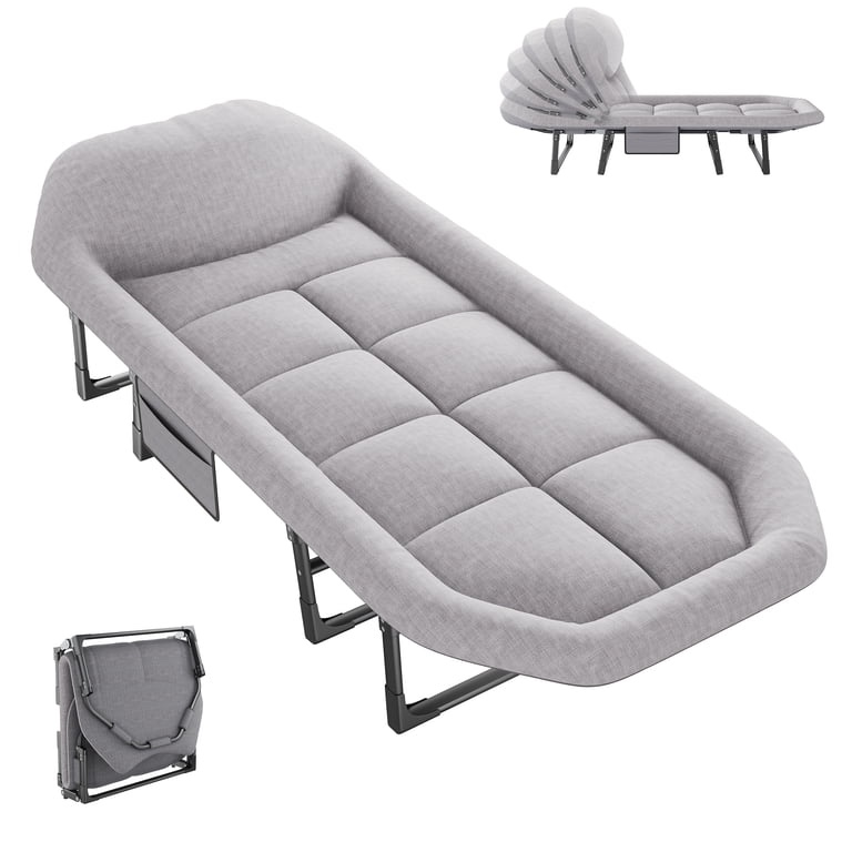 JIOABL Folding Camping Cot for Adults with Headrest & Mattress, 71 Inch Portable Sleeping Bed for Camping, Travel, Gray