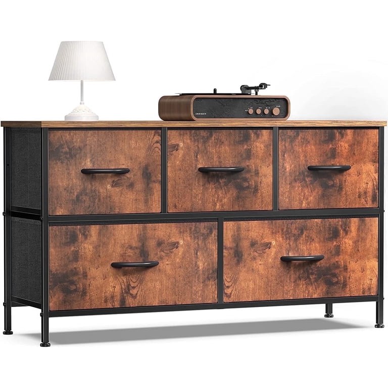 edx 5 Drawer Fabric Dresser for Bedroom, Chest of Drawer Organizer Storage Cabinet for Closet, Entryway, Rust Brown
