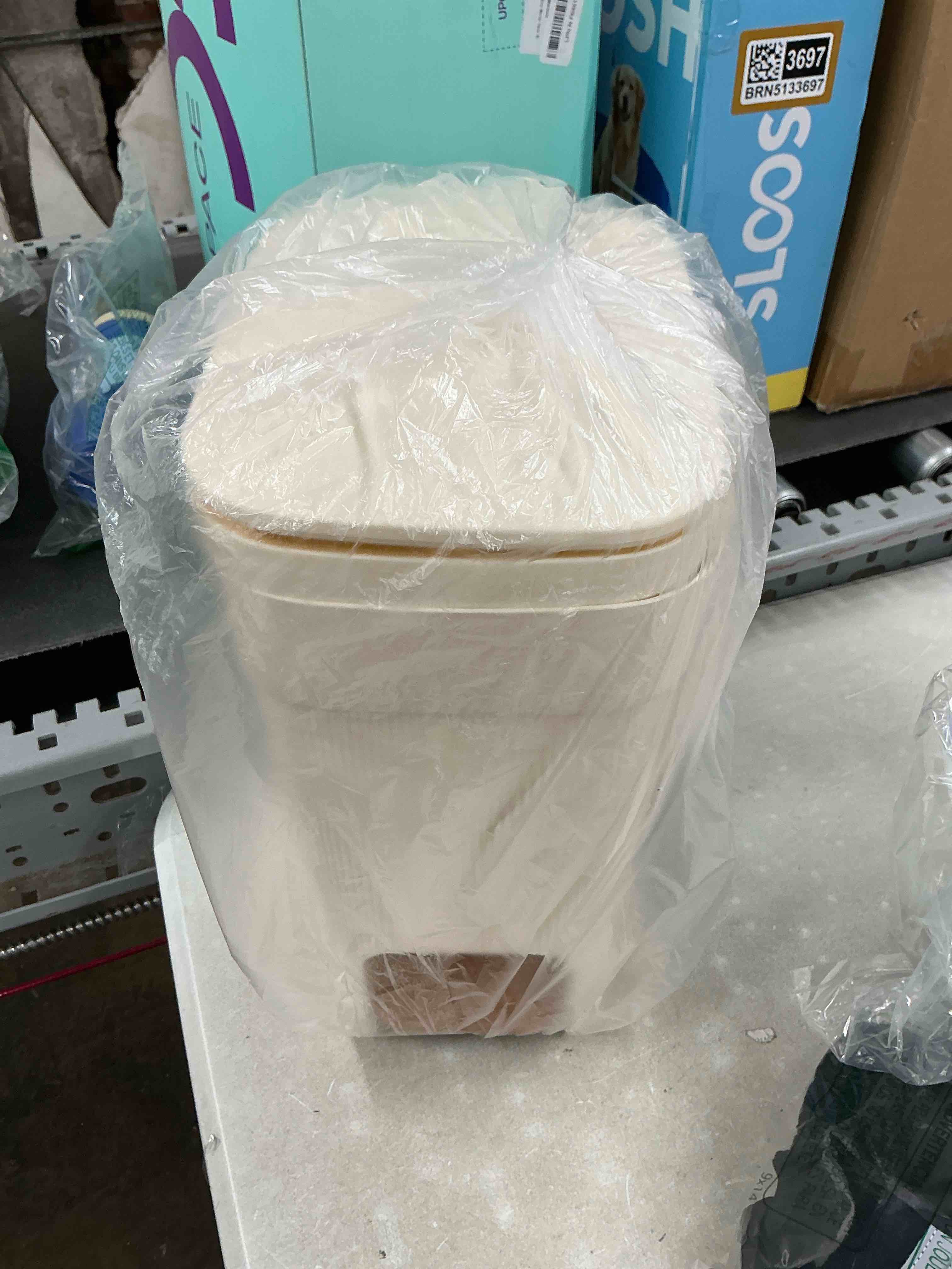Condition photo showing Good Condition for small bathroom trash can with lid slim step garbage can 4 gallon cream | stylish decor soft close trash bin plastic wastebasket with trash bags for kitchen bedroom office living room toilet college 4 gallons cream