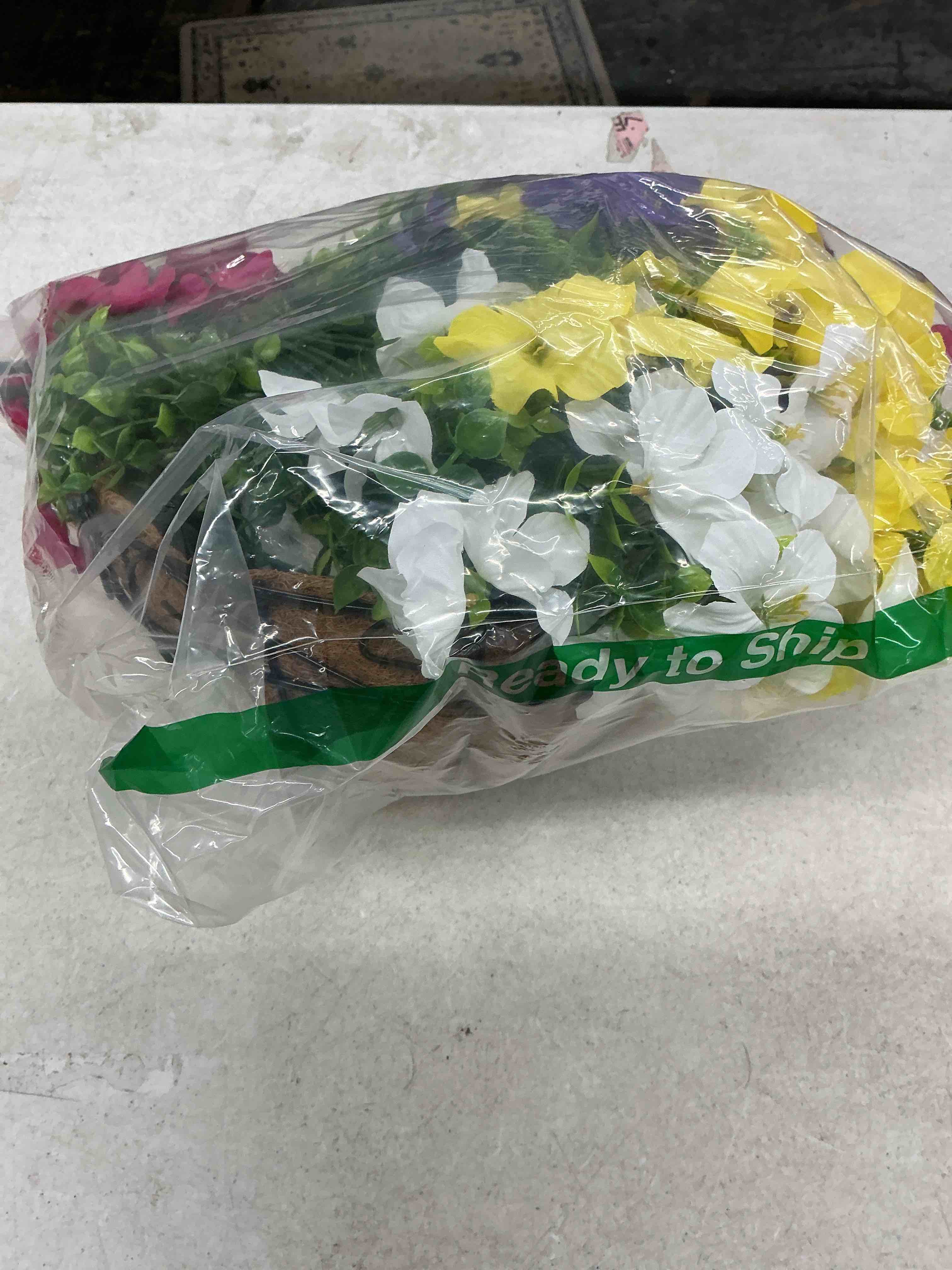 Condition photo showing Good Condition for realistic artificial hanging flowers for outdoors with basket, 1 set large size uv resistant artificial outdoor flowers, full faux outdoor flowers fake hanging flowers for porch, front door, garden purple+yellow+white+red 1 set