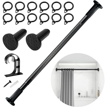 VEGCOO Tension Curtain Rod 51-148 In(4.25-12.33 ft), Rod Rust-free No Drilling Shower Curtain Rod, Outdoor Curtain Rods for Patio for Window Room Divider Closet Rod Adjustable Black