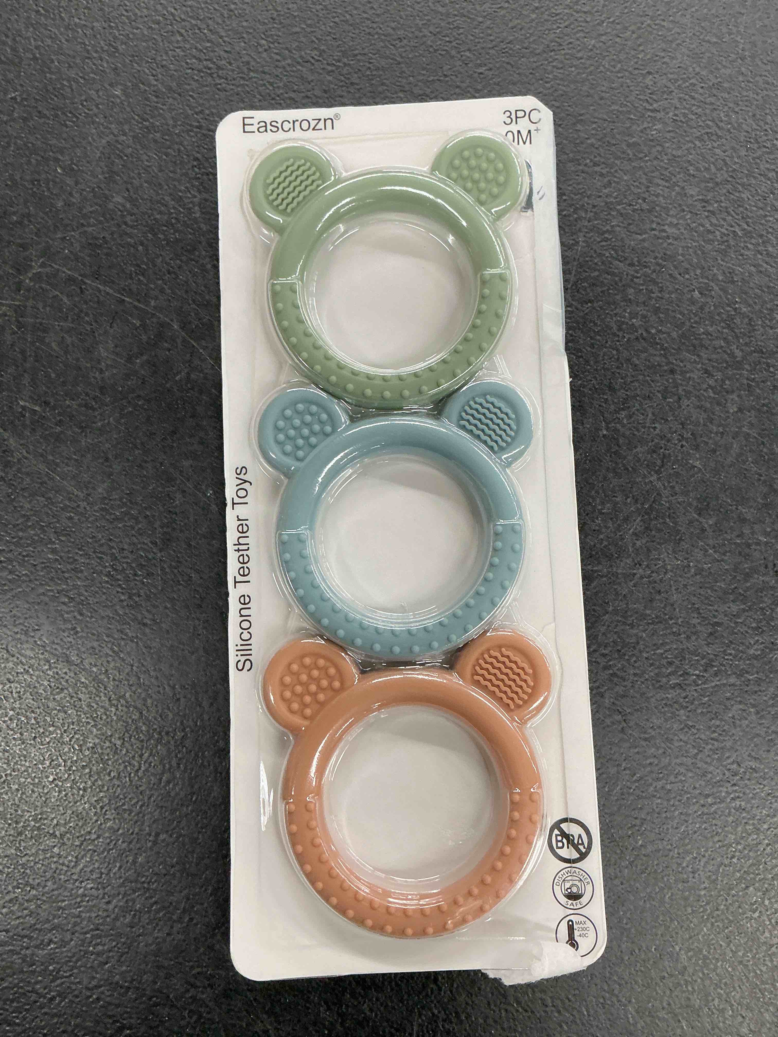 Condition photo showing New/Like New for eascrozn baby teething toys set of 3, silicone chew toys 3m+ bpa free | silicone teething ring toys easy to grasp, teething relief for baby infant toys blue
