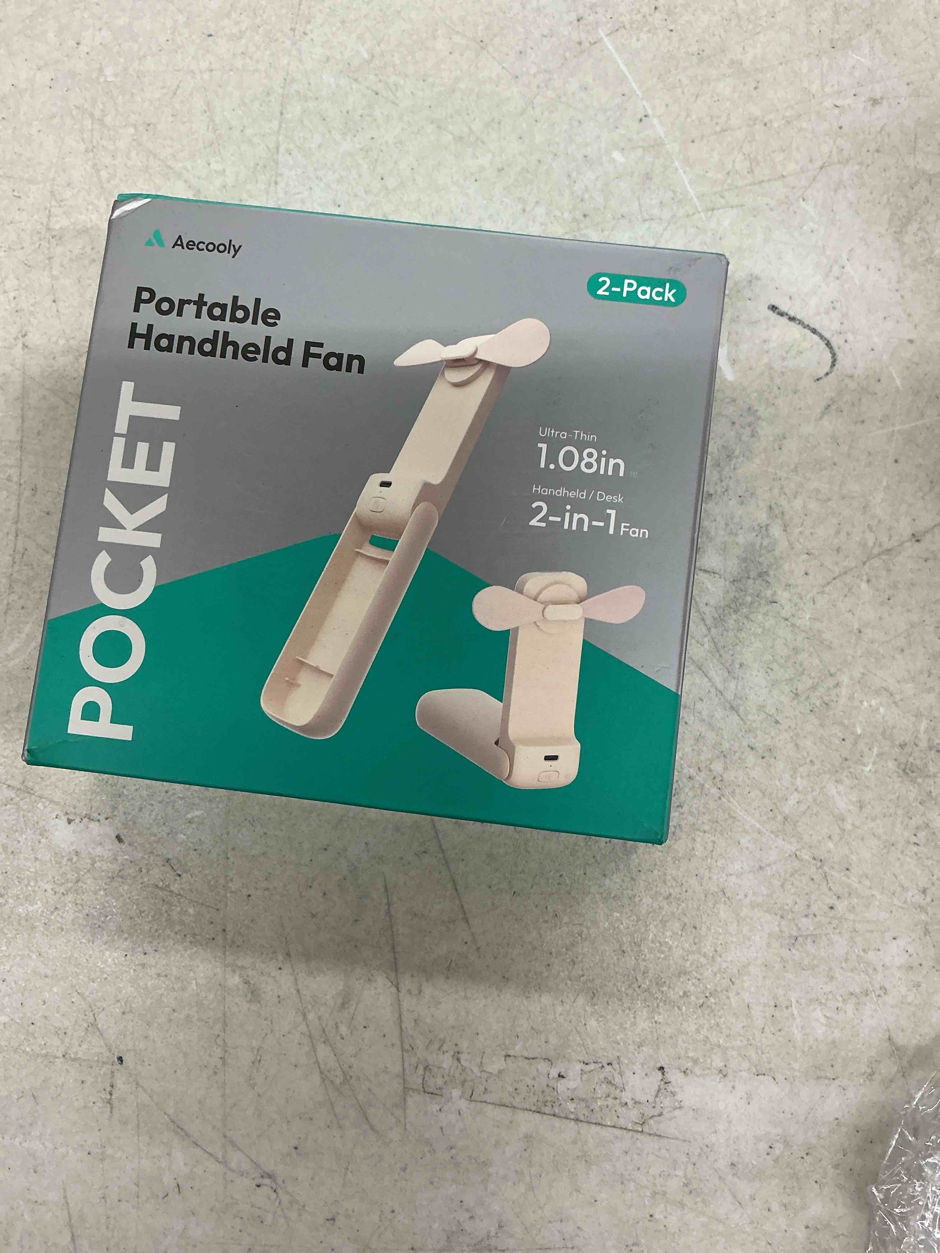Condition photo showing Good Condition for aecooly slim portable fan 2 pack, thin handheld fan, usb rechargeable mini personal [24h max cooling time], battery powered small foldable pocket for travel, summer, gifts for women -beige 2 pack without mirror beige