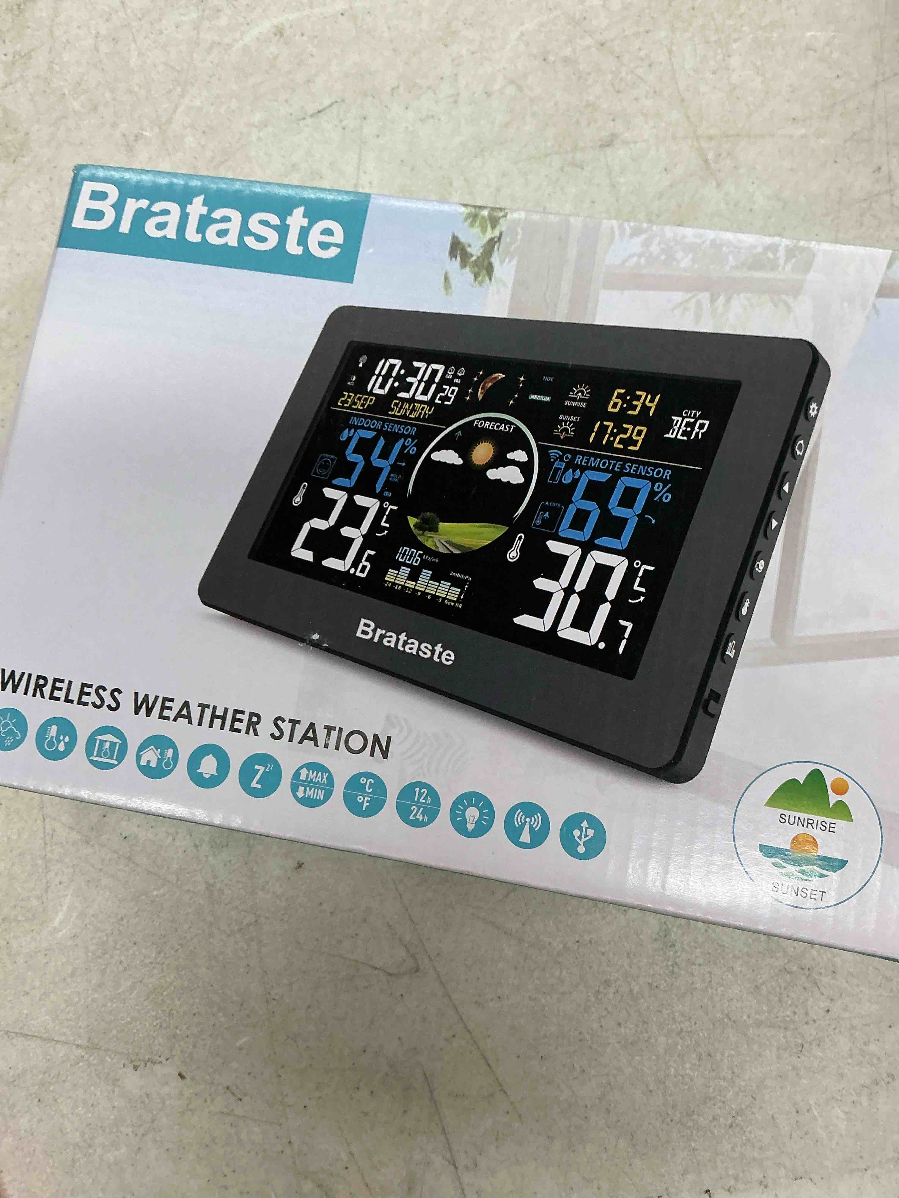 Condition photo showing Good Condition for weather station wireless indoor outdoor, digital thermometer with remote sensor, 7.5'' hd va display home weather stations, accurate temperature humidity gauge with weather forecast, atomic clock black