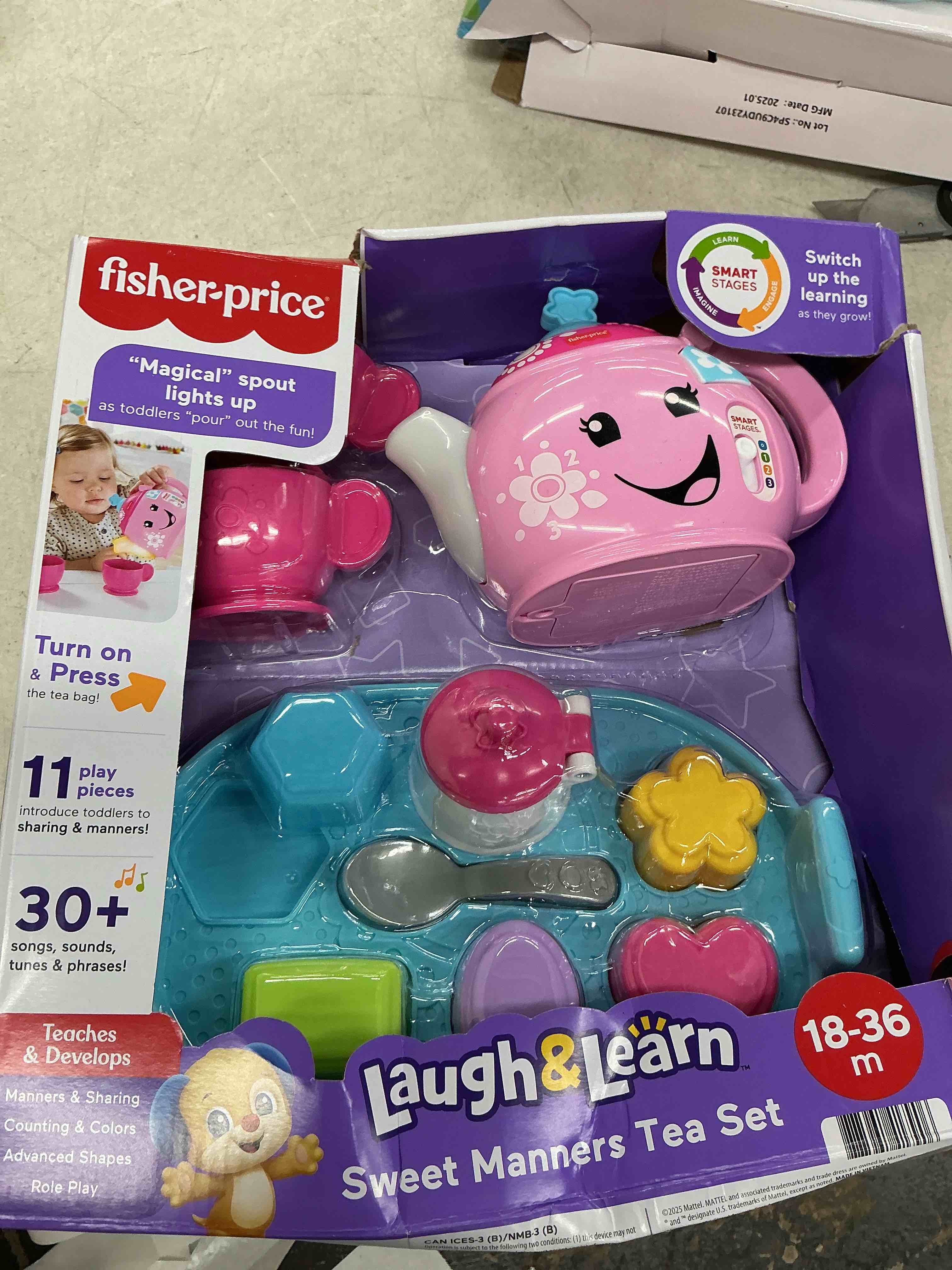 Condition photo showing New/Like New for fisher-price toddler toy laugh & learn sweet manners tea set with smart stages learning songs for pretend play kids ages 18+ months