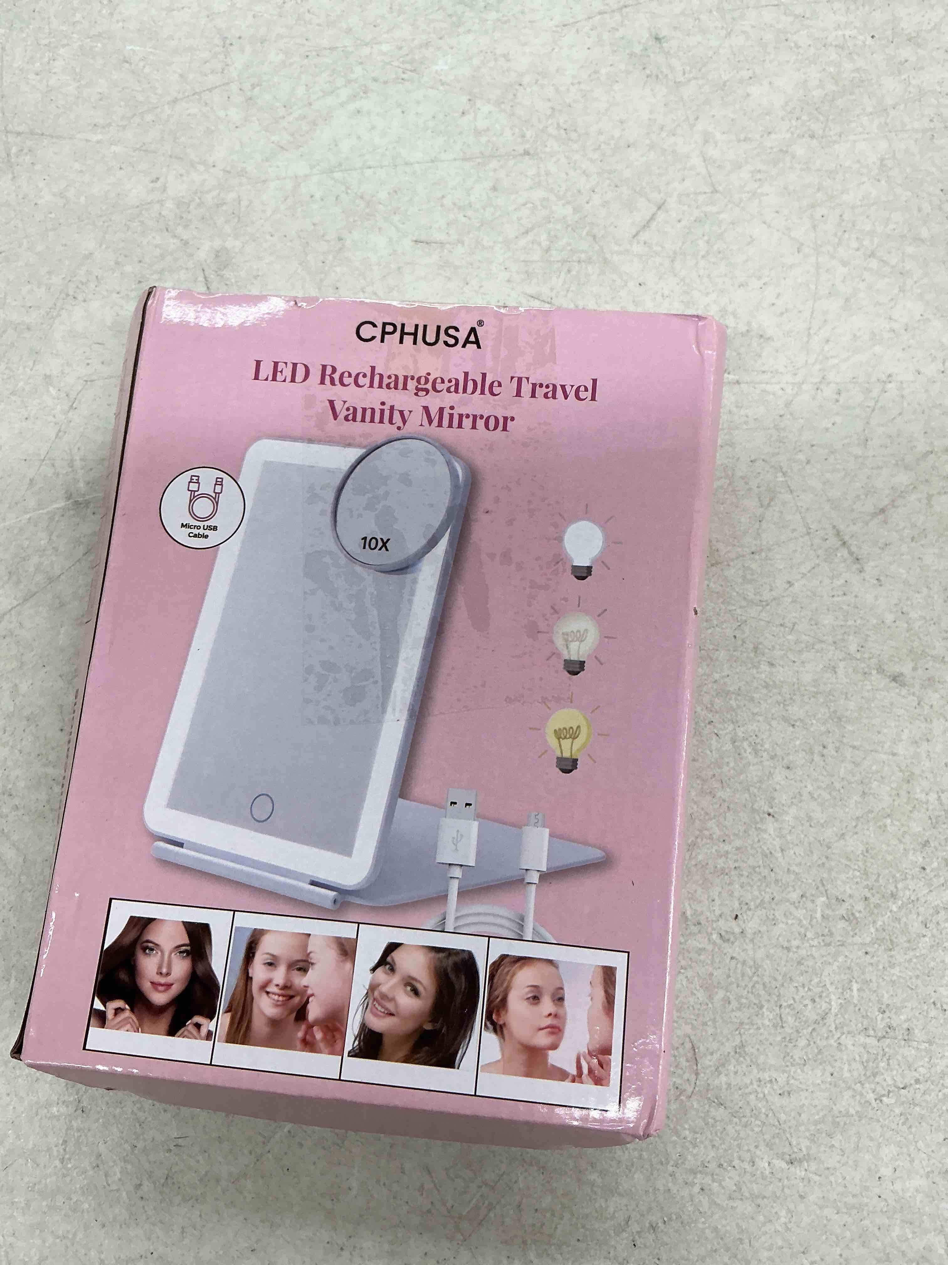 Condition photo showing Good Condition for rechargeable travel makeup mirror with lights, portable lighted vanity mirror with 10x magnifying mirror, 72 led lights, 1000mah battery, 3 color modes, touch dimmable mirror for desk & travel