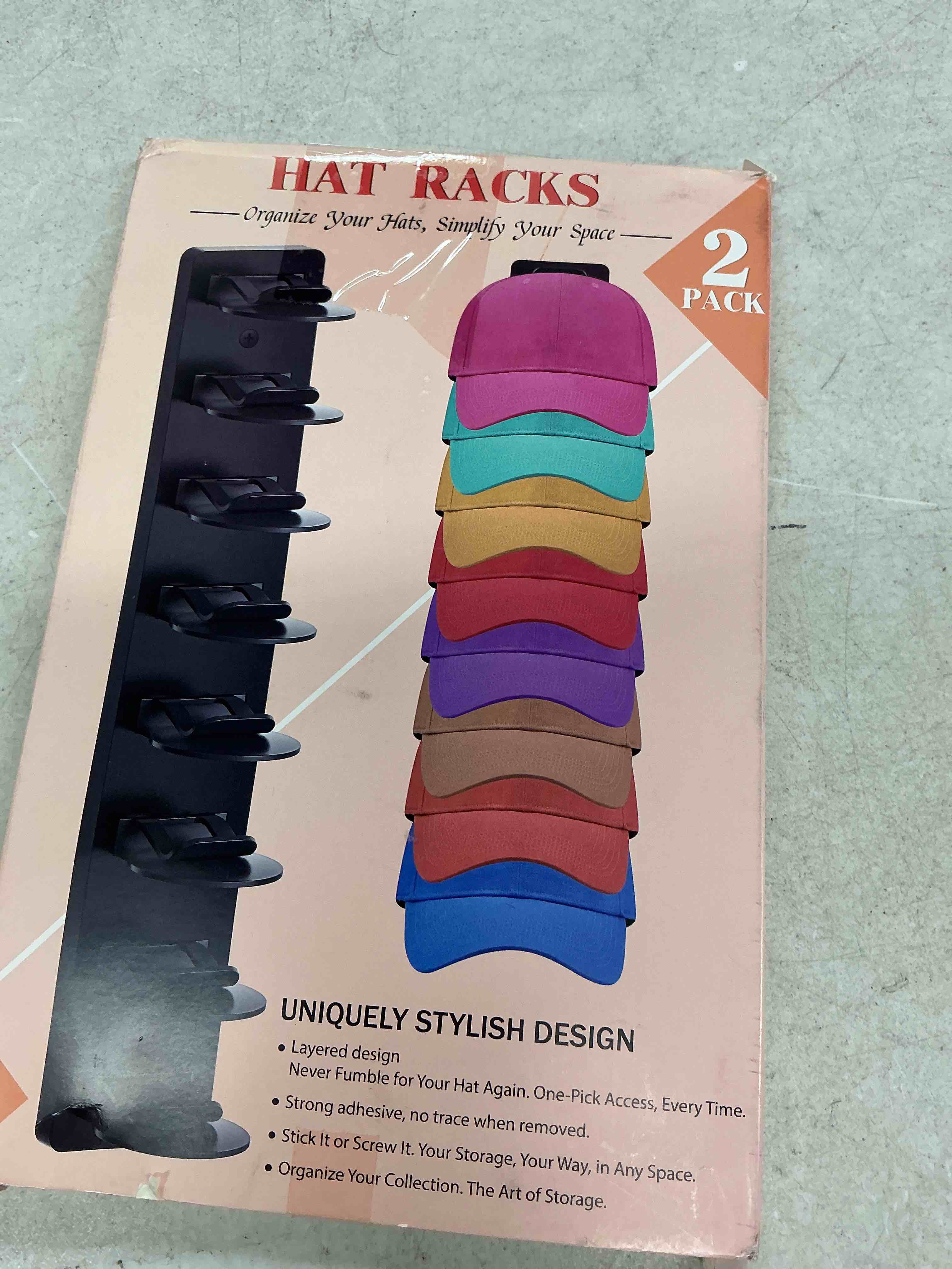 Condition photo showing Good Condition for 2 pack hat organizer for baseball caps, hat rack for wall, strong adhesive & screw-in cap holder hat hangers for closet door & bedroom white-2pcak