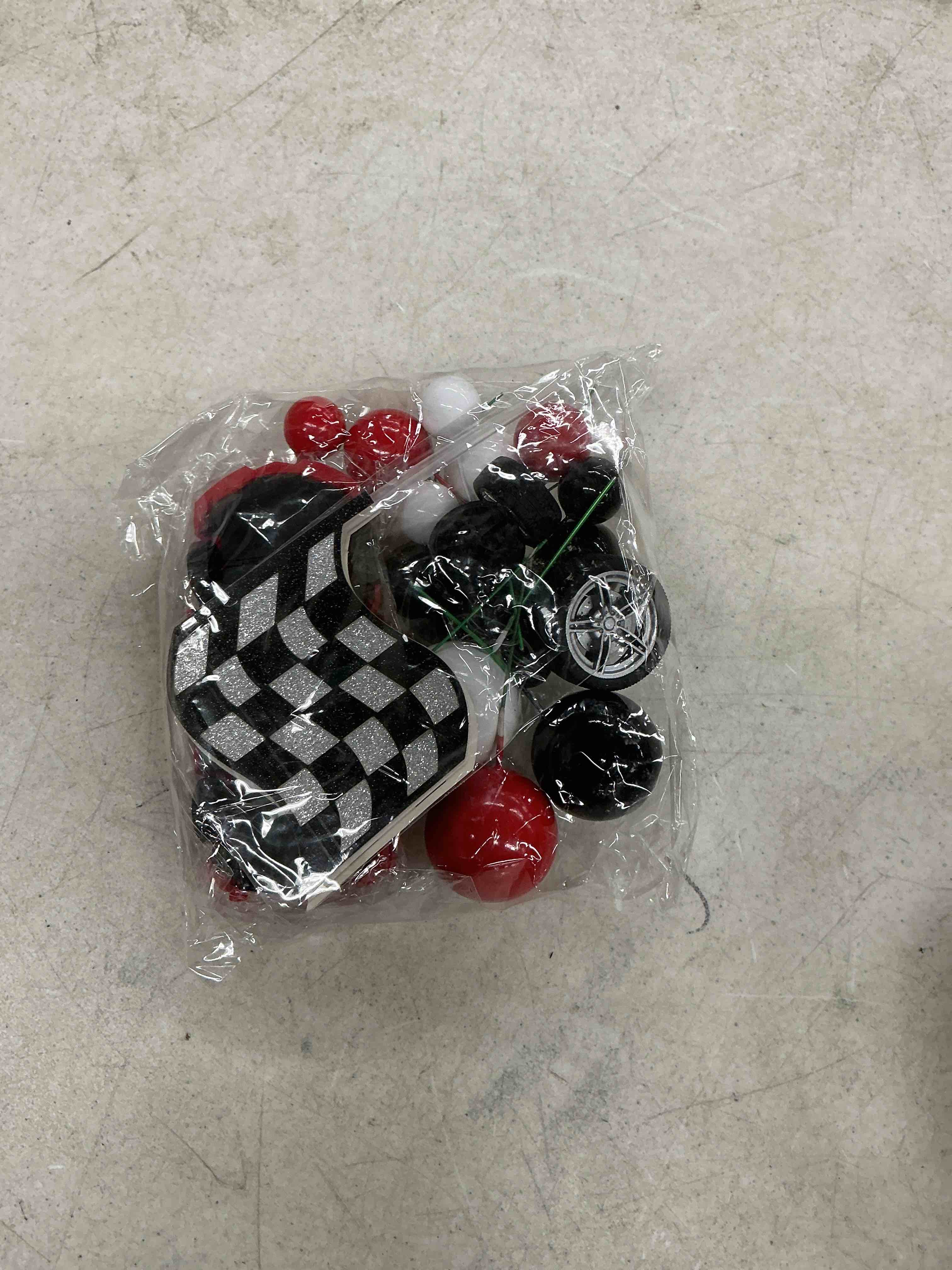 Condition photo showing Good Condition for race cake toppers with red car black red white balls flags wheels set for birthday party supplies decor