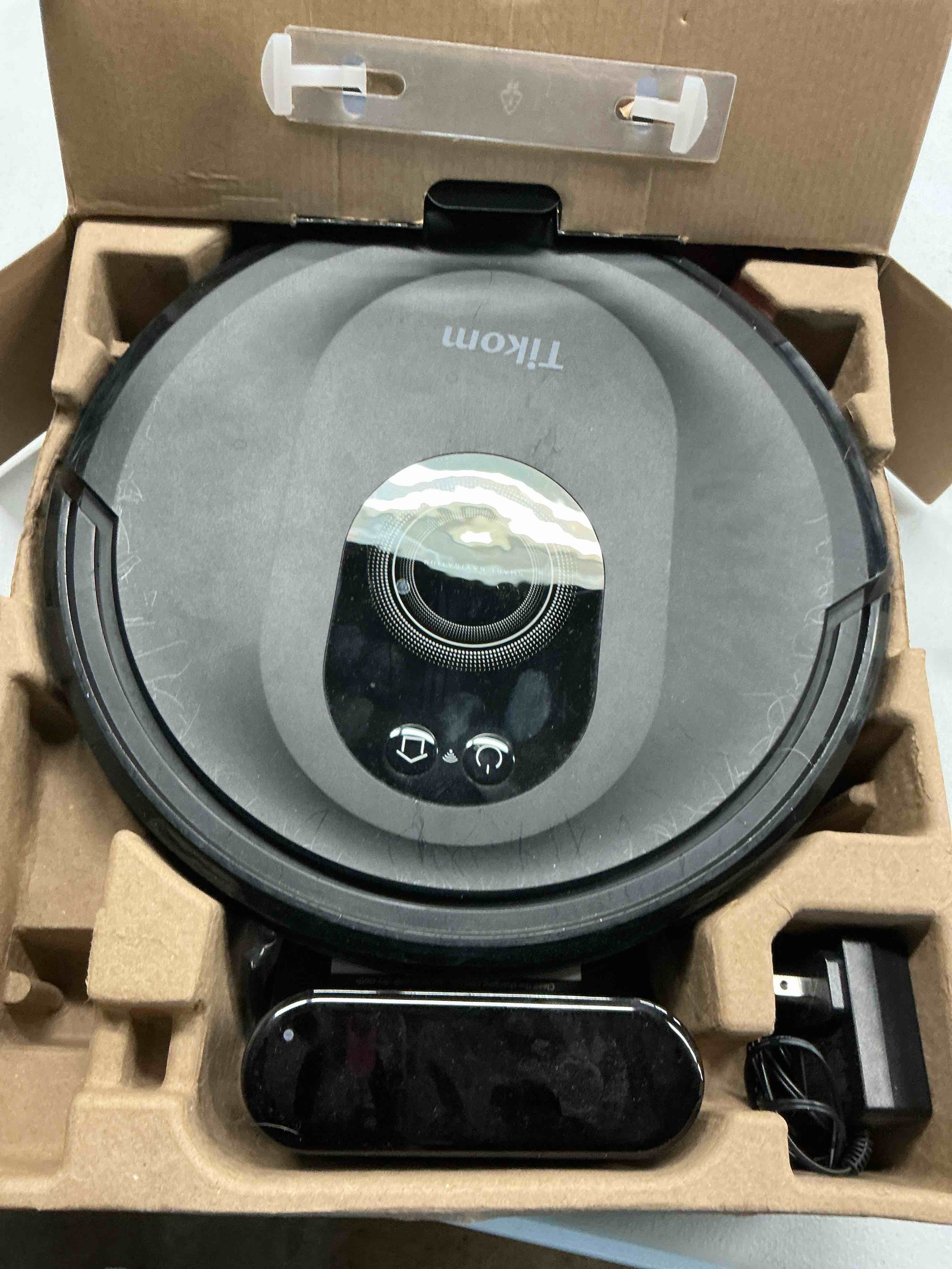 Condition photo showing As Is for tikom robot vacuum and mop combo, 5000pa robotic vacuum cleaner, 150 min max, app & remote control, ideal for hard floor, carpet, pet hair, self-charge(g8000 max)