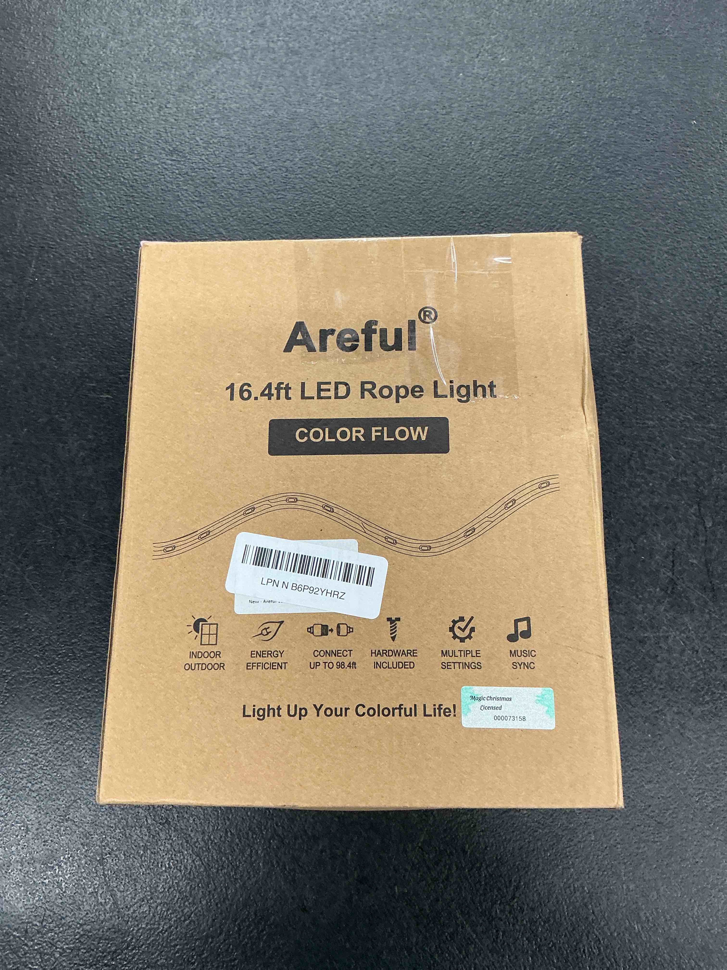 Condition photo showing Good Condition for 16.4ft dreamcolor rope lights, music sync 120v ip65 | 120 leds, chase effects, music sync, timer, remote, etl plug, clips; connects up to 98.4ft dream color 16ft