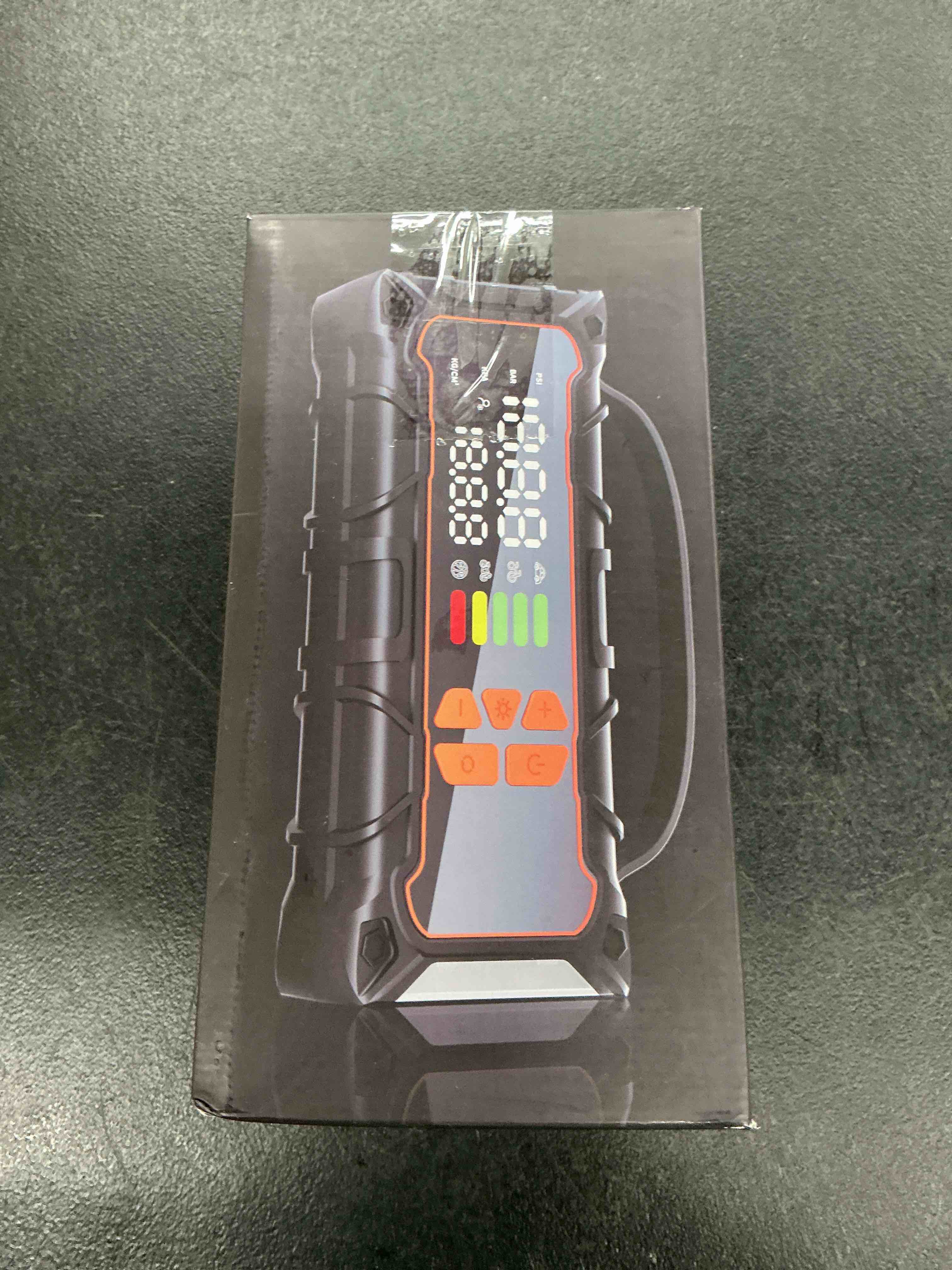 Condition photo showing Good Condition for 5000a car battery jump starter with air compressor 160psi, car battery charger 7.0l gas/6.0l diesel, jumper box for car battery with tire inflator & power bank& jumper cables, father's day red