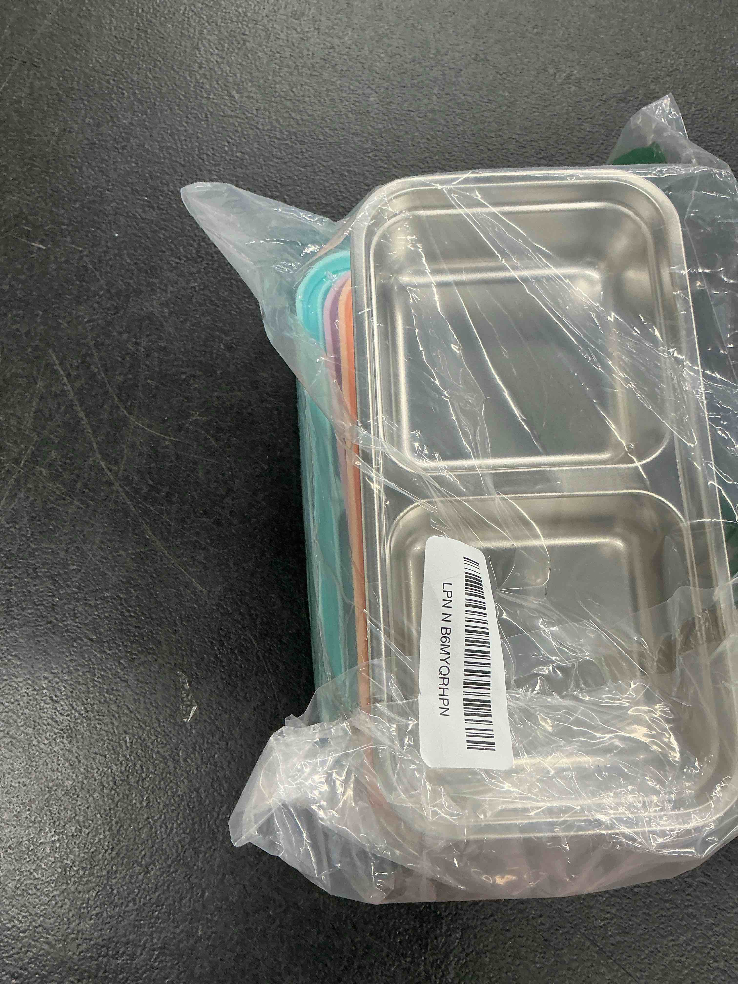 Condition photo showing Good Condition for 3 pack stainless steel snack containers for kids, reusable snack containers with silicone lids, 2 compartment toddler snack containers for daycare, school lunch and travel, 15 oz sky blue, taro yellow, lavender