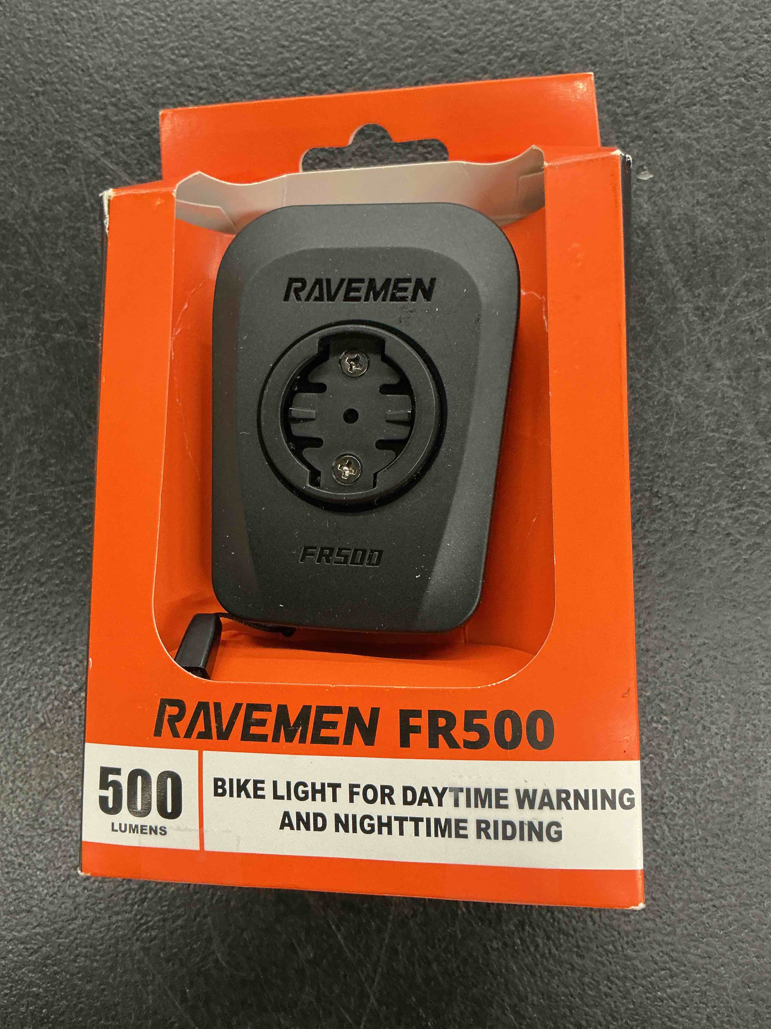 Condition photo showing Good Condition for ravemen fr500 bike front light for night daytime riding, compatible with garmin/wahoo computers, 6 modes, auto on/off, side visible, usb-c rechargeable bicycle headlight for road urban biking