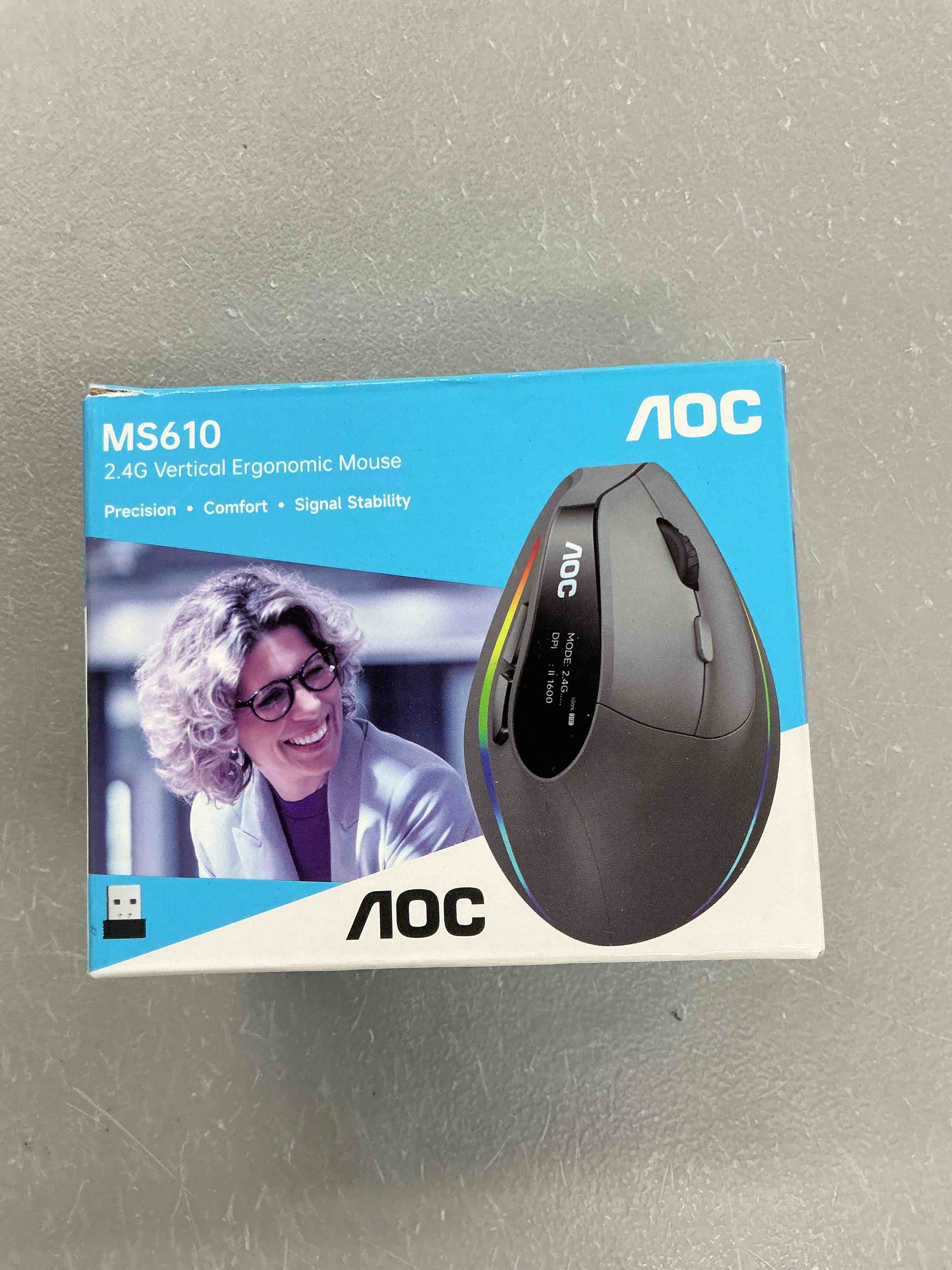 Condition photo showing Good Condition for aoc 2.4ghz ergonomic mouse, wireless bluetooth vertical mouse for work, 4800 dpi optical tracking, 5 adjustable dpi, quiet clicks, rgb light, compatible with computer, laptop, pc, mac, desktop - black
