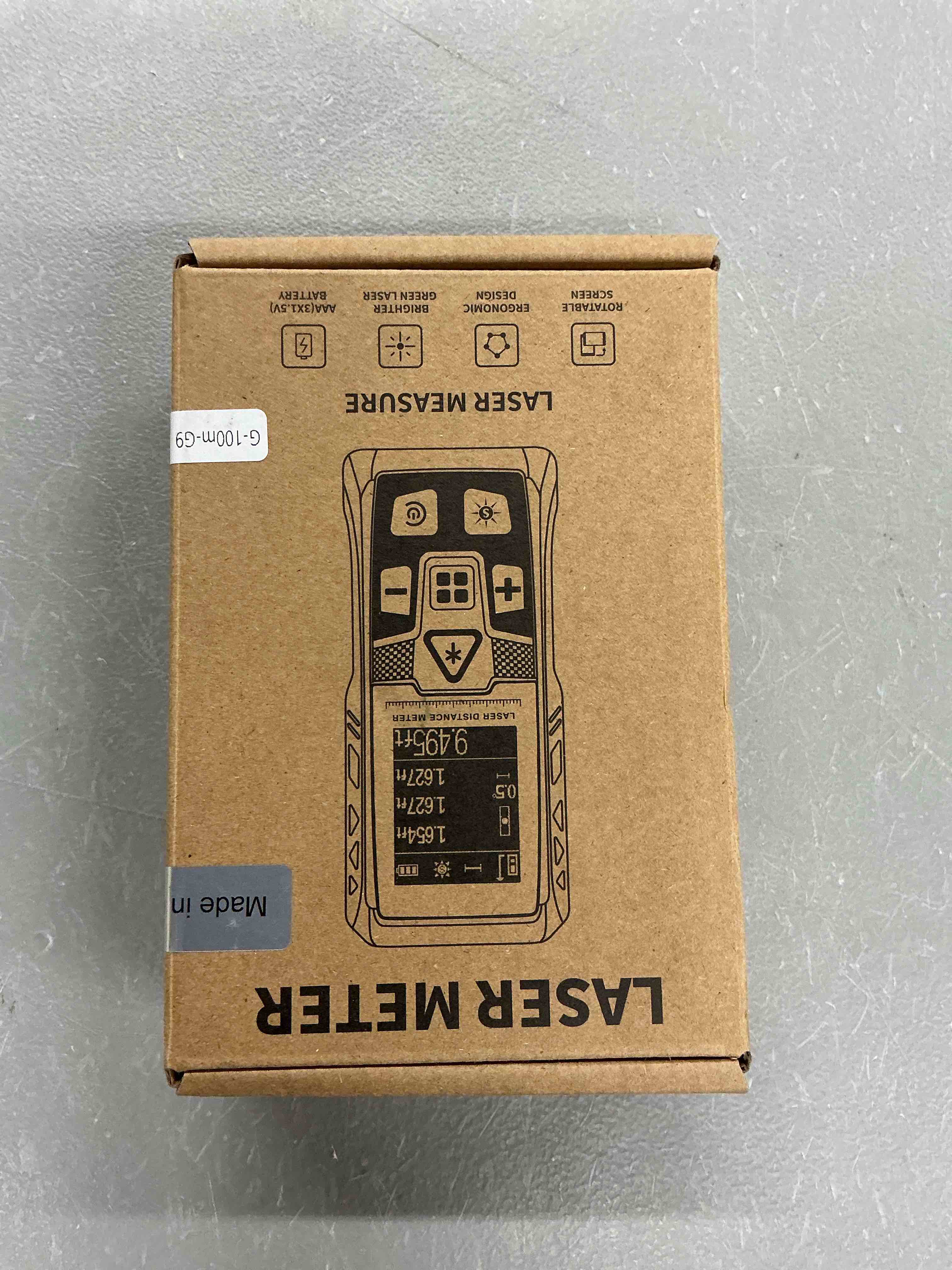 Condition photo showing New/Like New for green laser measure with angle sensor rotating color lcd vibration | area / volume / pythagorean, ft/in/ft+in/m unit switching, brightness adjustment, ip54 waterproof, includes aaa batteries