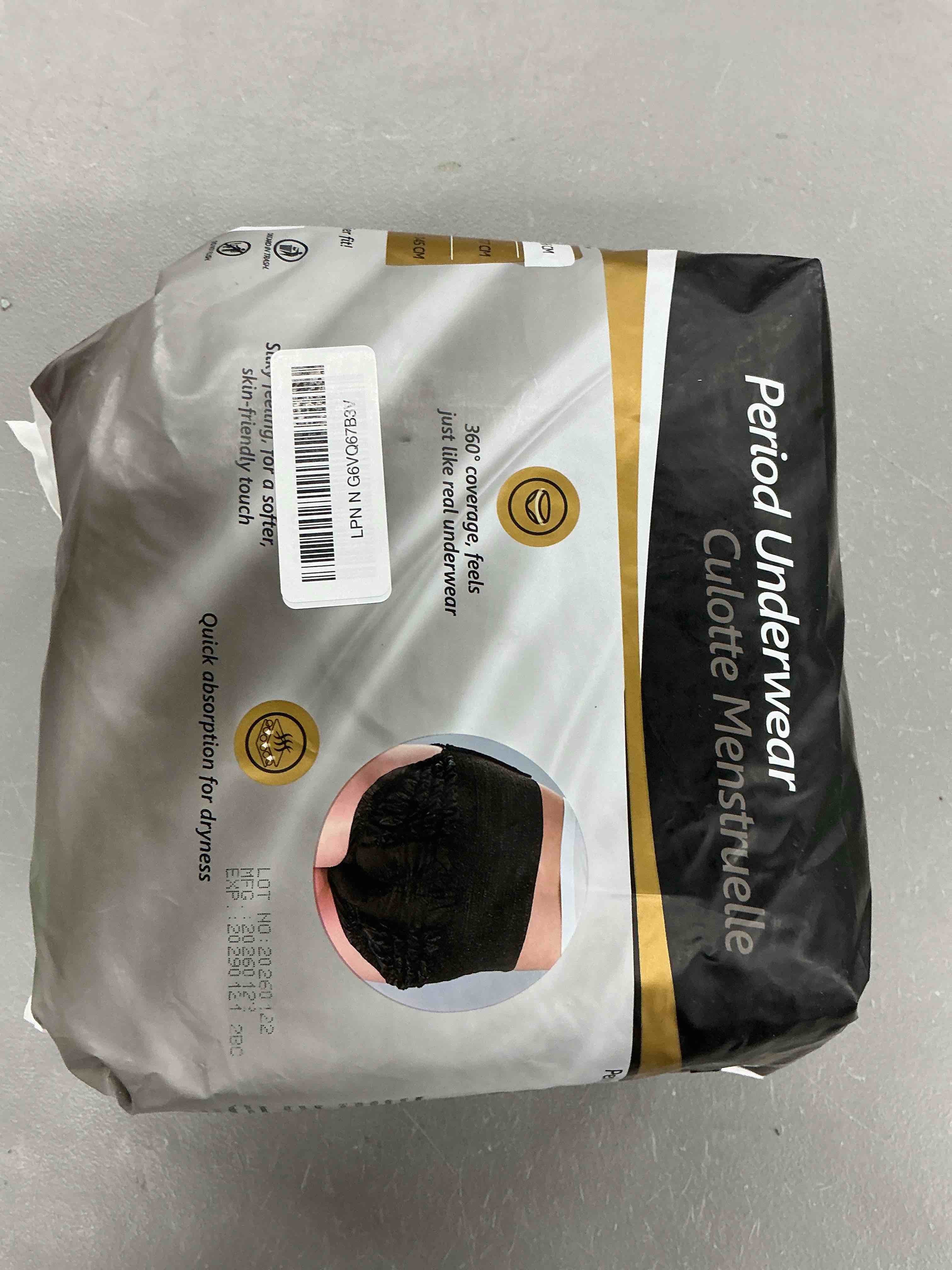Condition photo showing New/Like New for mollis disposable period underwear for women, postpartum panties, maternity knickers heavy flow leak proof, unscented, black, small/medium, 16 count black s/m(pack of 16)