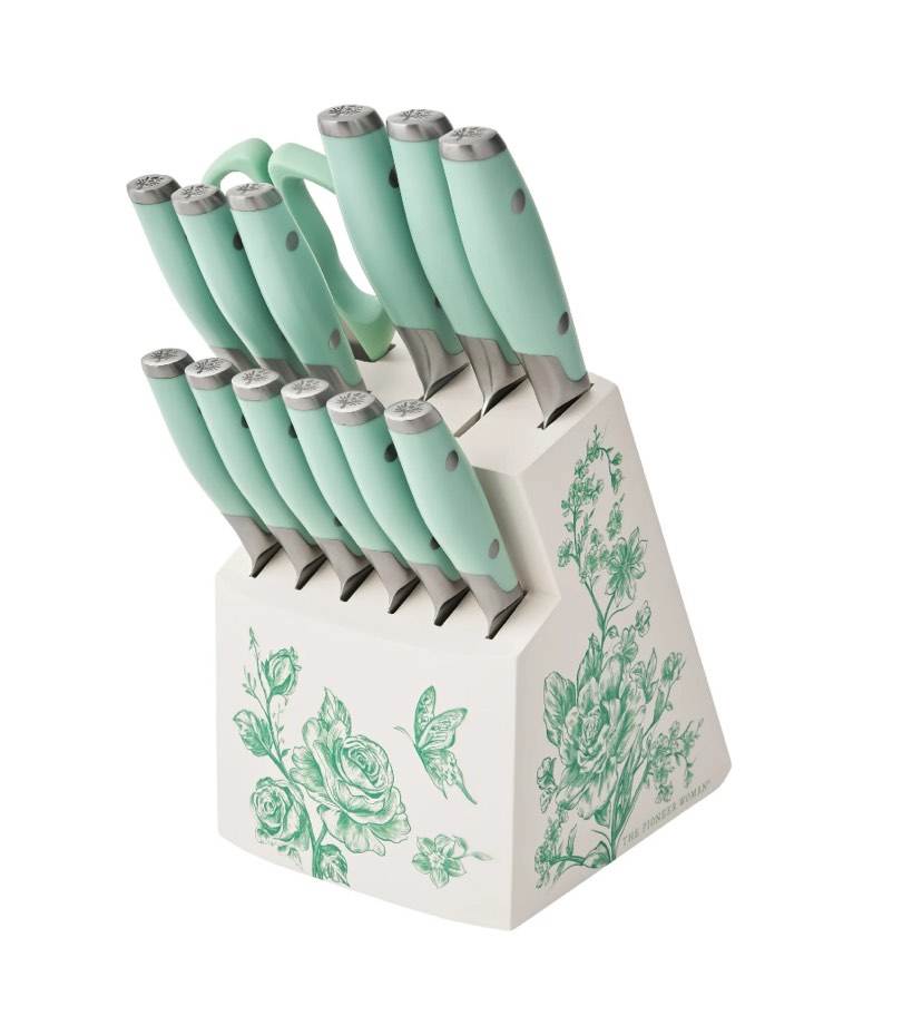 The Pioneer Woman  14 Pieces Knife Set with Decal Block Stainless Steel Knives, Forged, Green Agatha