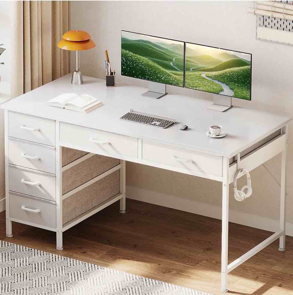 Sofanext 48" Home Office Desk with 6 Drawers, Modern Computer Desk with Small Space, Corner Computer Desk, Pure White