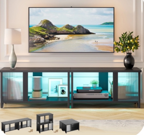 pinmoco led tv stand for tvs up to 65'', expandable side by side or stacking tv stand with storage, black