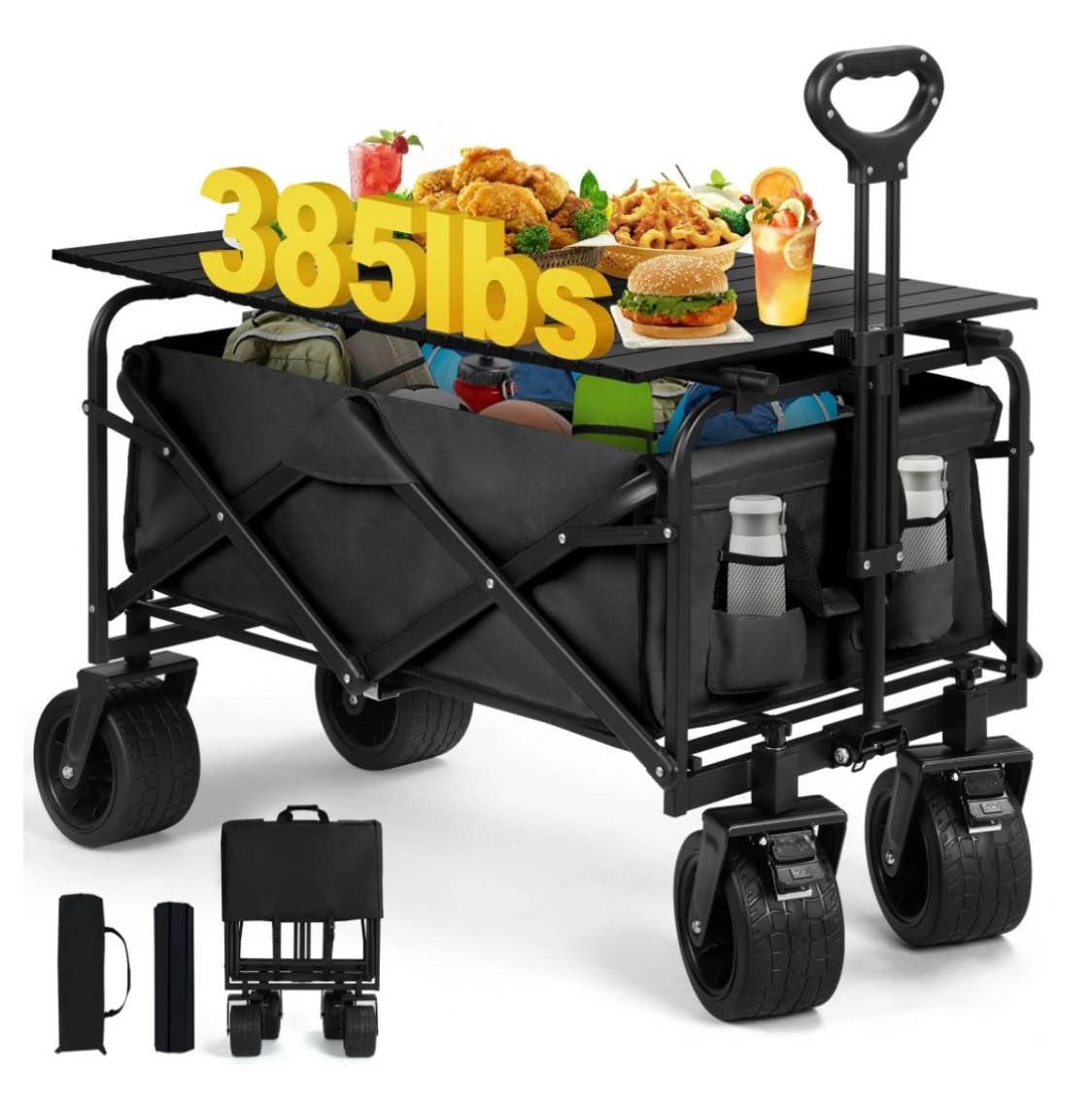 firstness collapsible wagon cart with tabletop, 385 lbs heavy duty utility garden wagon for camping, beach, picnic, sports, shopping & grocery, black