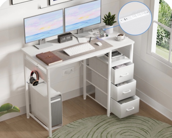 40 inch computer desk with power outlets, home office desk with 3 drawers, writing desk with removable monitor shelf, pure white