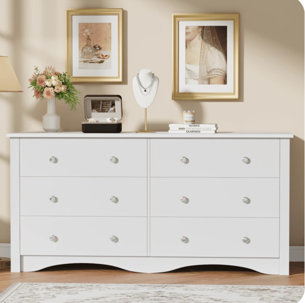 homall 6 drawer wood dresser furniture, double tier storage cabinet for bedroom & living room,white finish