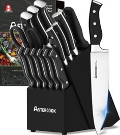 Knife Set, Astercook 15 Pieces Knife Sets for Kitchen with Block Triple Rivet Hi