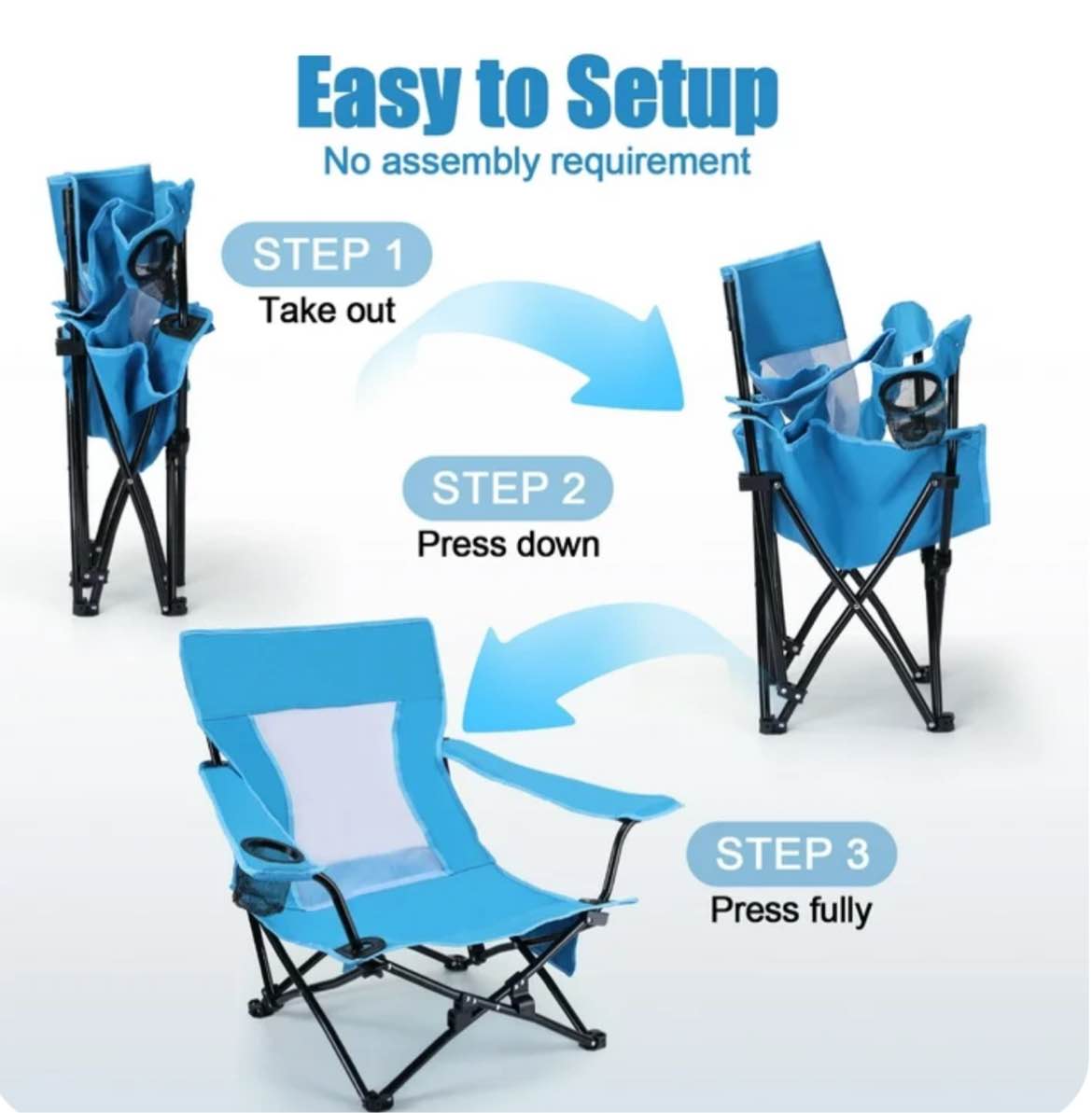 Hasteel Folding Beach Chair for Adults, Low Seat Camping Chair with High Back, Wide Seat Chair with Cup Holder & Carry Bag, Heavy Duty Portable Chair for Outdoor Picnic Travel (2 Pack of Blue)