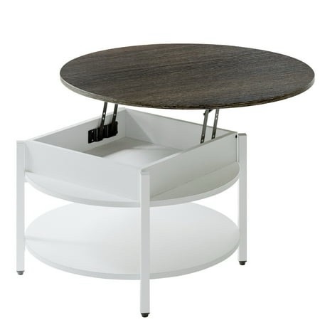 GUNAITO Round Lift Top Coffee Table with Storage Modern Farmhouse Center Table with Shelf Small 2 Tier Circle Table for Living Room White