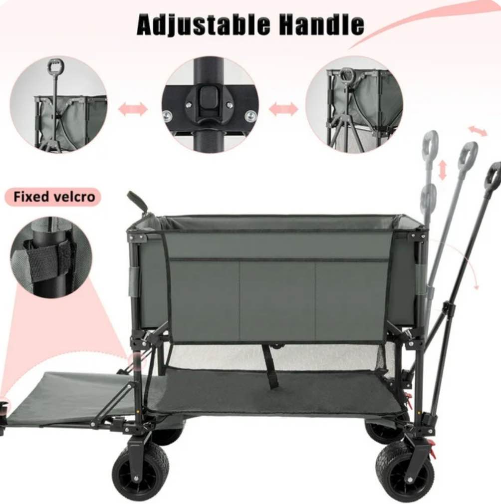Folding Double Decker Camping Wagon, VECUKTY Heavy Duty Collapsible Outdoor Wagon Cart with 54" Lower Decker, All-Terrain Big Wheels Support Up to 500lbs, Gray