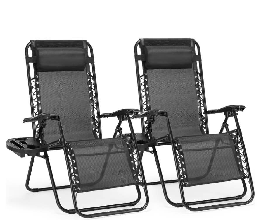concetta 2 zero gravity lounge chairs, foldable reclining camping for patio, lawn, beach, black