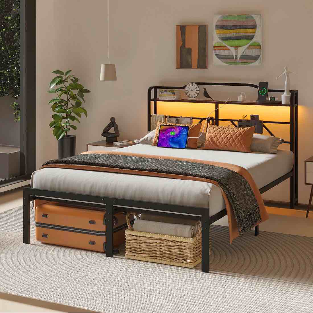 nisien queen size bed frame with led storage headboard & charging station, metal platform bed, black