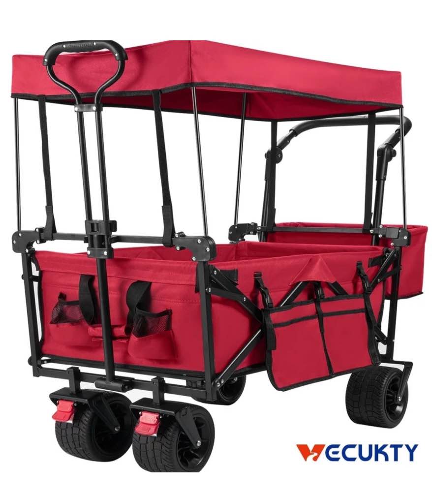 vecukty collapsible garden wagon cart with removable canopy red
