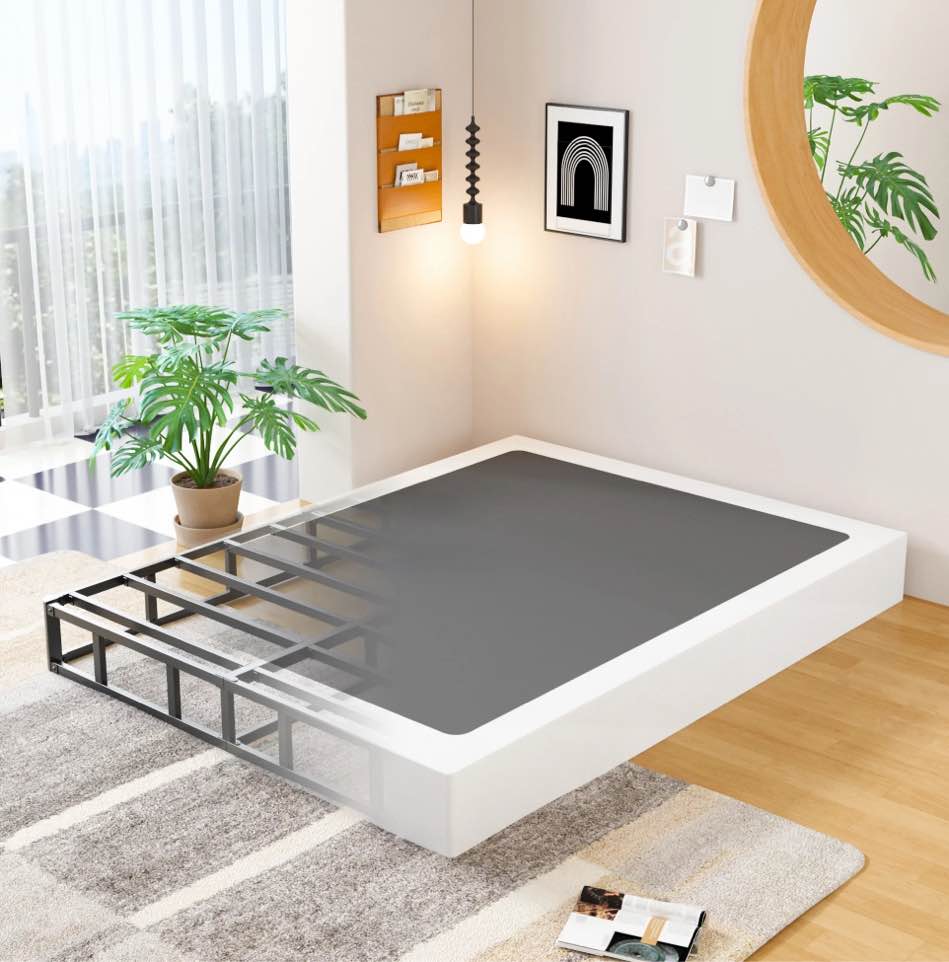 maenizi 9 inch full size box spring bed base, 3000 lbs heavy duty metal mattress foundation with fabric cover, easy assembly, black