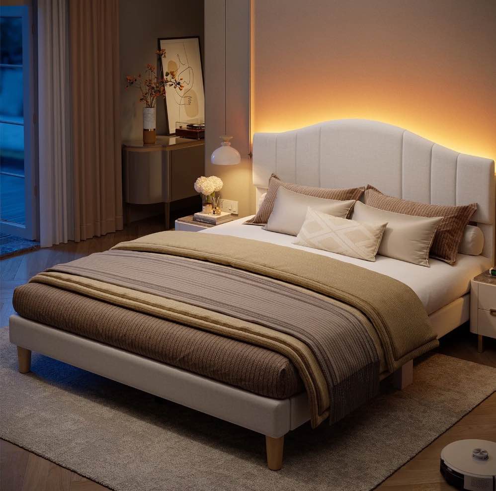 pinmoco queen upholstered bed frame with adjustable arc-shaped headboard, led platform bed, beige fabric