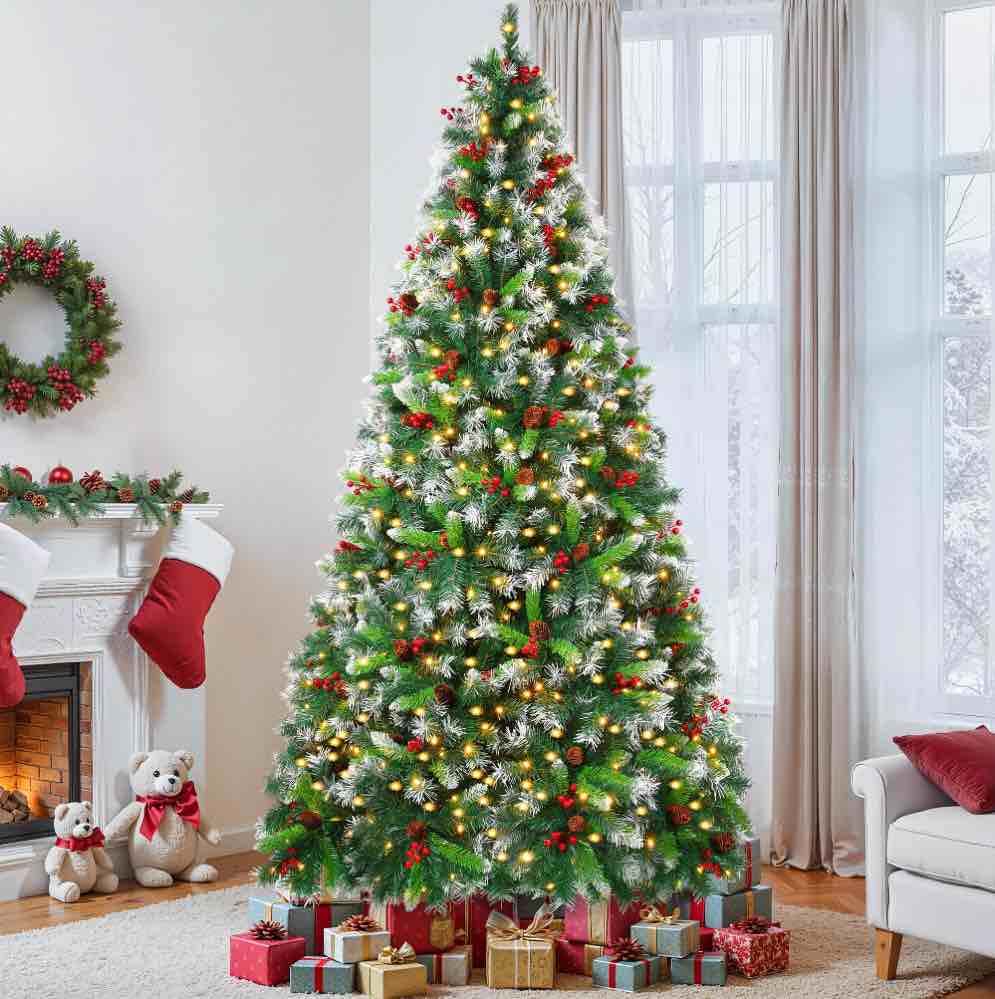 Firstness 6ft Pre-Lit Artificial Christmas Tree with 1000 Branch Tips 300 LED Lights,Pine Cones + Red Berries,Metal Stand Hinged Xmas Tree
