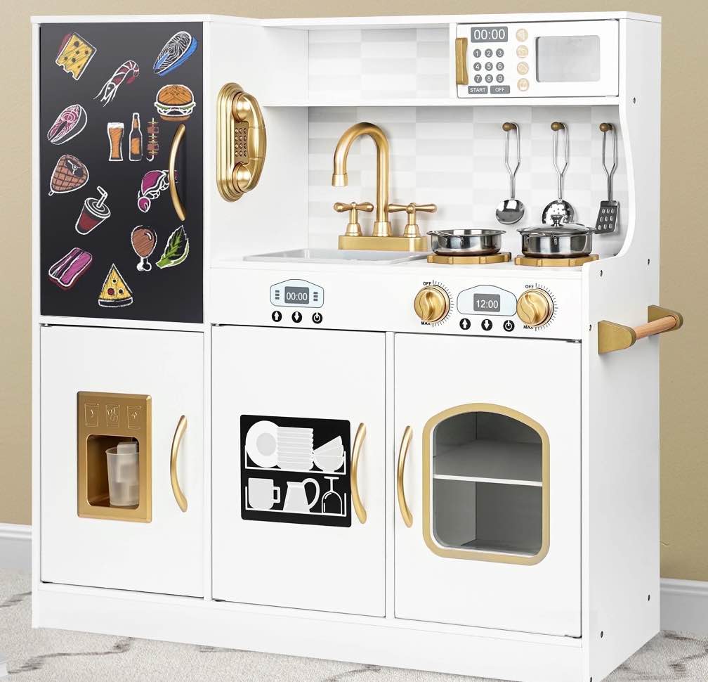 COCLUB Play Kitchen, Wooden Kids Kitchen Playset with Chalkboard, Ice Maker, Play Phone, Cookware Accessories, Microwave Toy Kitchen Gift for Boys Girls Age 3-8 White