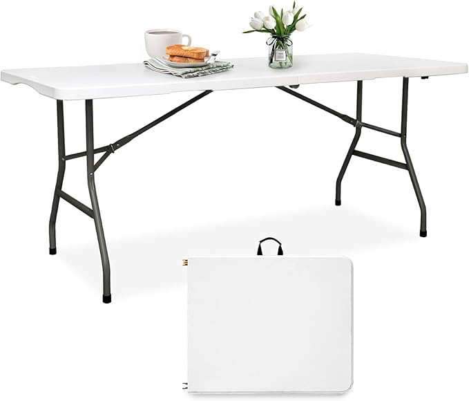 Folding Table 8 FT Camping Table Portable Heavy Duty Plastic Rectangular Outdoor Dining Table Steel Legs Fold-in-Half with Carrying Handle for Indoor,Picnic,Party,Wedding,Events(White)