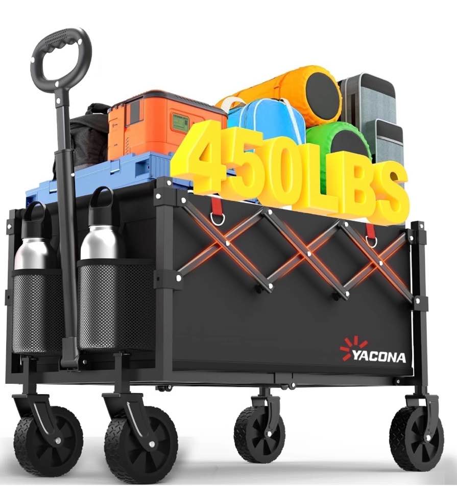 Yacona Wagons Carts Foldable, Collapsible Garden Wagons and Carts with Wheels, Outdoor Utility Folding Cart for Grocery Beach Camping Shopping, Black