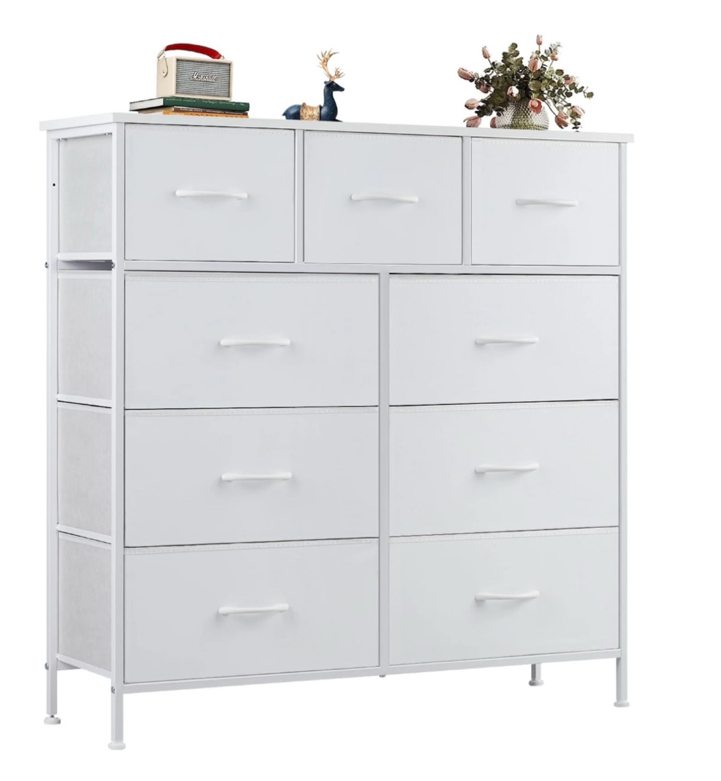 ZUNMOS Fabric Storage Dresser with 9 Drawers, Steel Frame and Wooden Top for Bedroom, Closet and Entryway , White