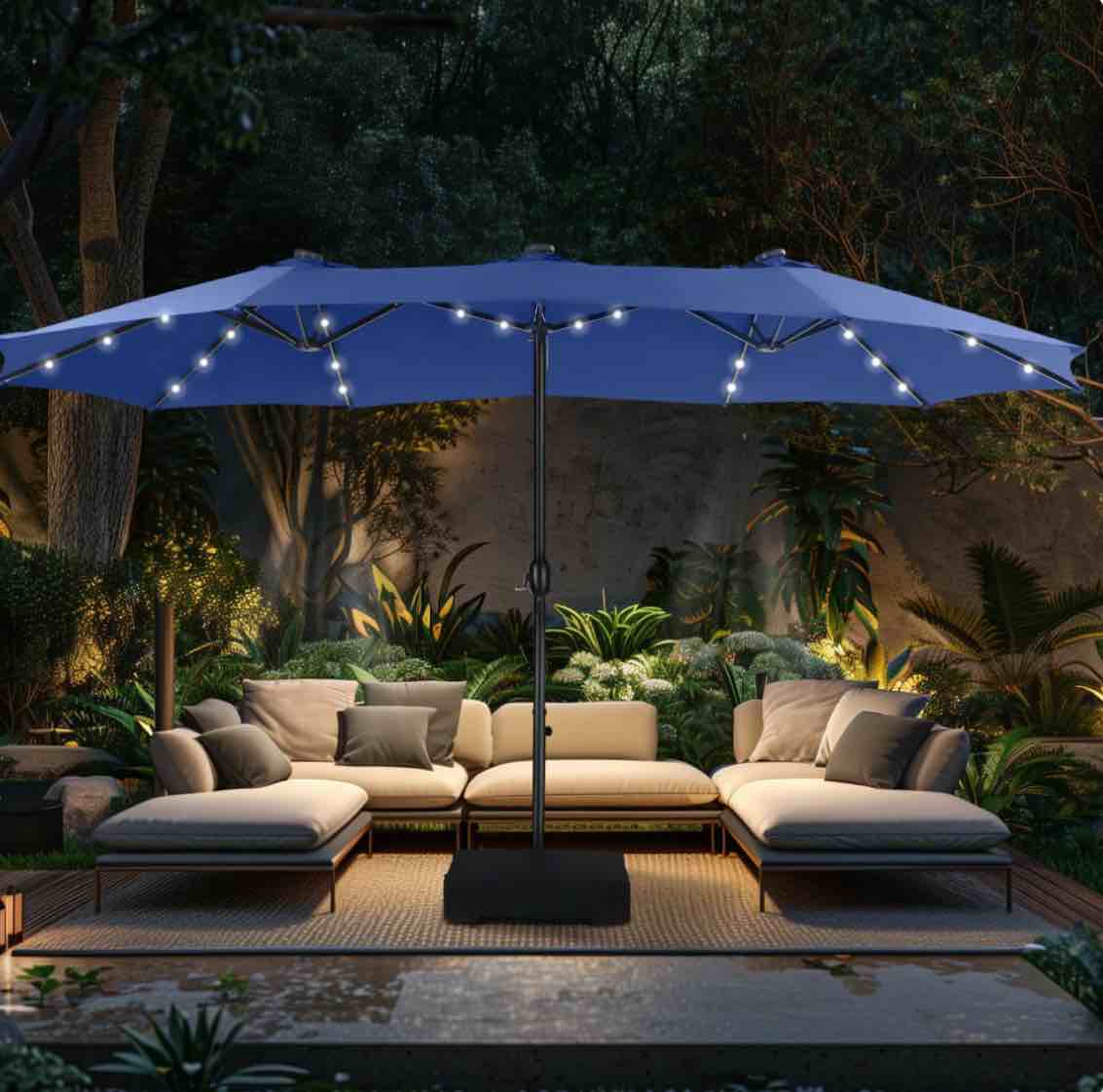 Alpha Joy 15ft Extra Large Outdoor Patio Double-Sided Umbrella with Solar Lights & Umbrella Base, Haze Blue