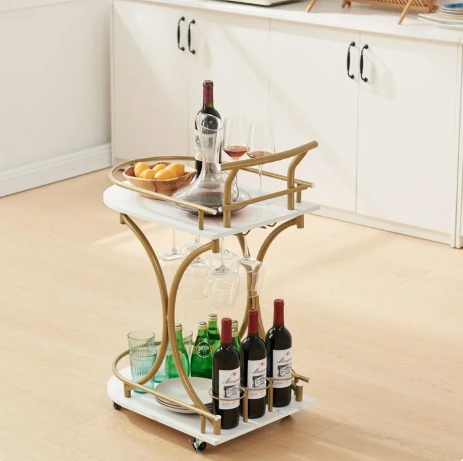 jrhrxxy 2-tier bar cart,gold wine cart with wine rack & glass holder,home serving cart,for party